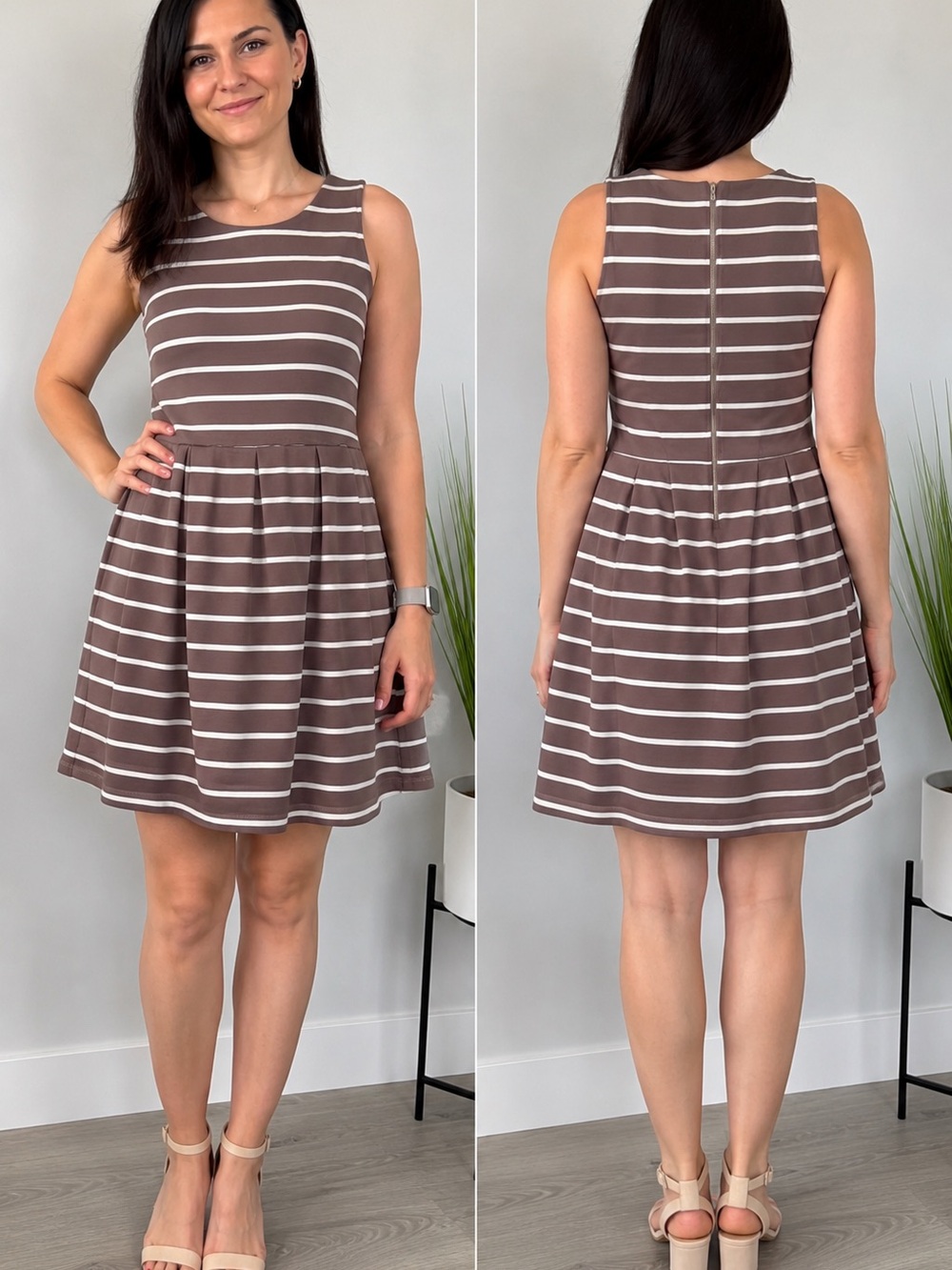 LOFT Brown and White Striped Sleeveless Fit-and-Flare Dress